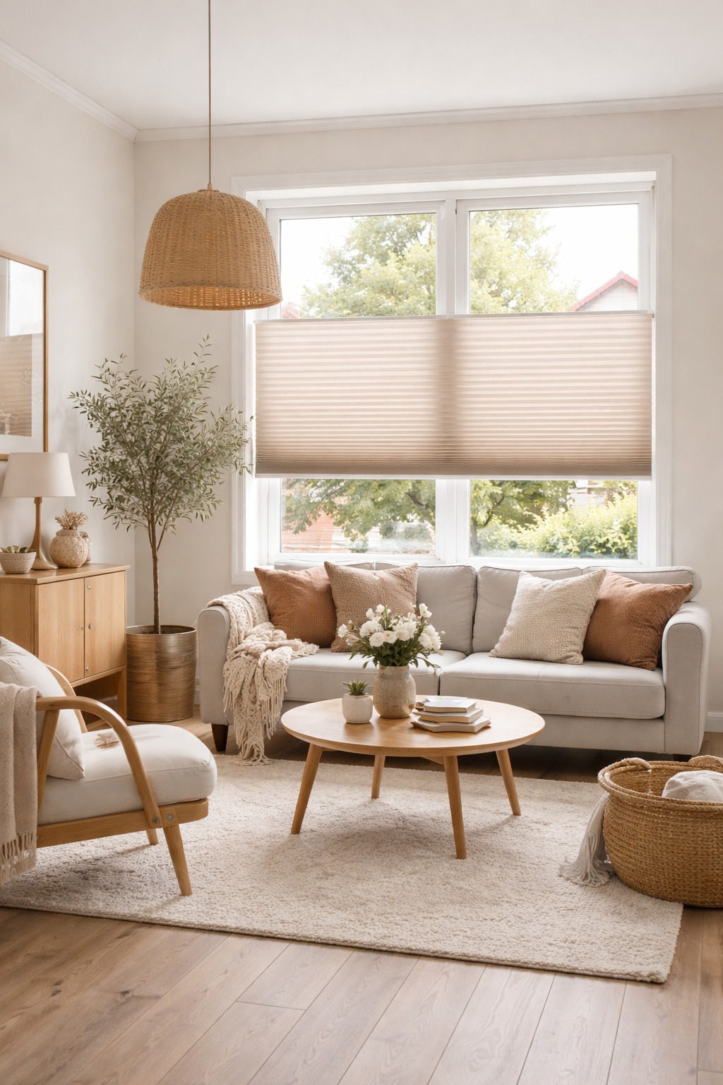 Roosad voldikkardinad kaunis skandinaavialikus toas värvitrendidega 2026.