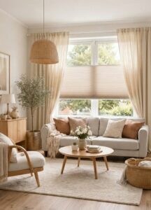 Avar ja valgusküllane elutuba, kus on maast laeni beežid poolpimendavad tekstiilkardinad ja akna ees roosad voldikkardinad, mis loovad hubase ja rahuliku miljöö.