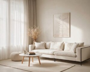 Kaunid ja õhulised kardinad elutoas, hele ja hubane trendikas ruum.